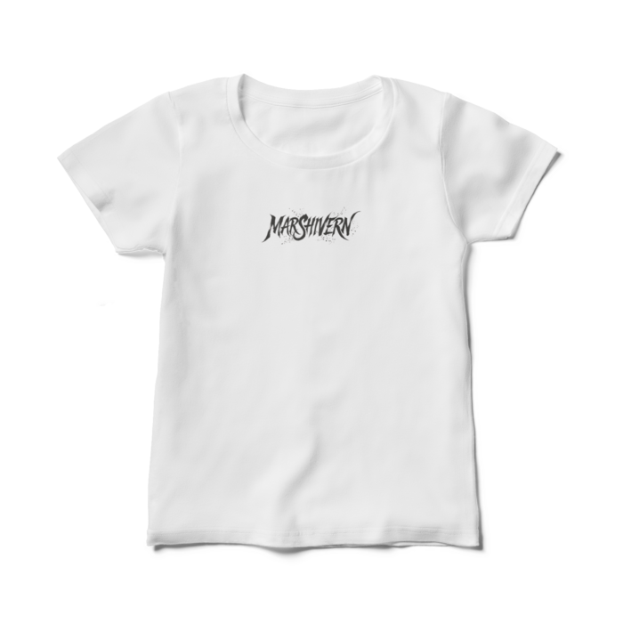 胸の中央にMARSHIVERNロゴを配した白いレディースTシャツ