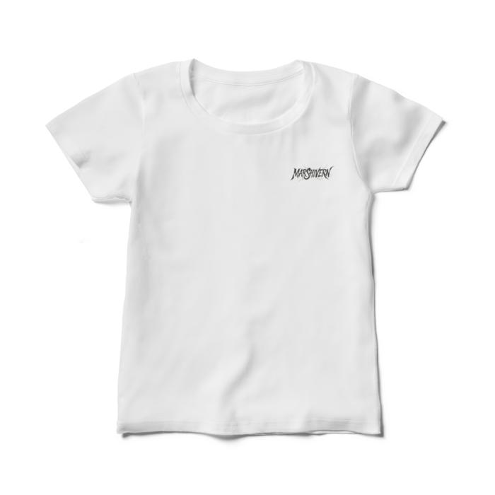 左胸に小さなMARSHIVERNロゴを配した白いレディースTシャツ