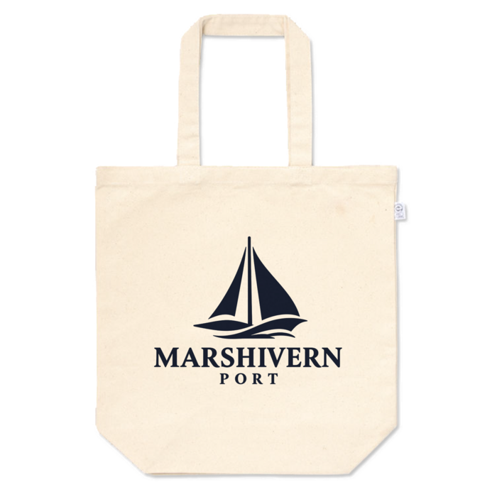 船のモチーフとMARSHIVERN PORTのロゴをプリントしたナチュラルカラーのトートバッグ