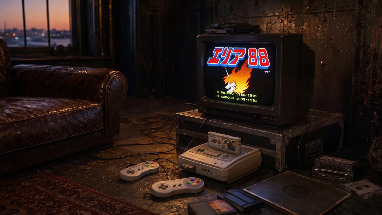 薄暗い部屋に置かれたスーパーファミコン