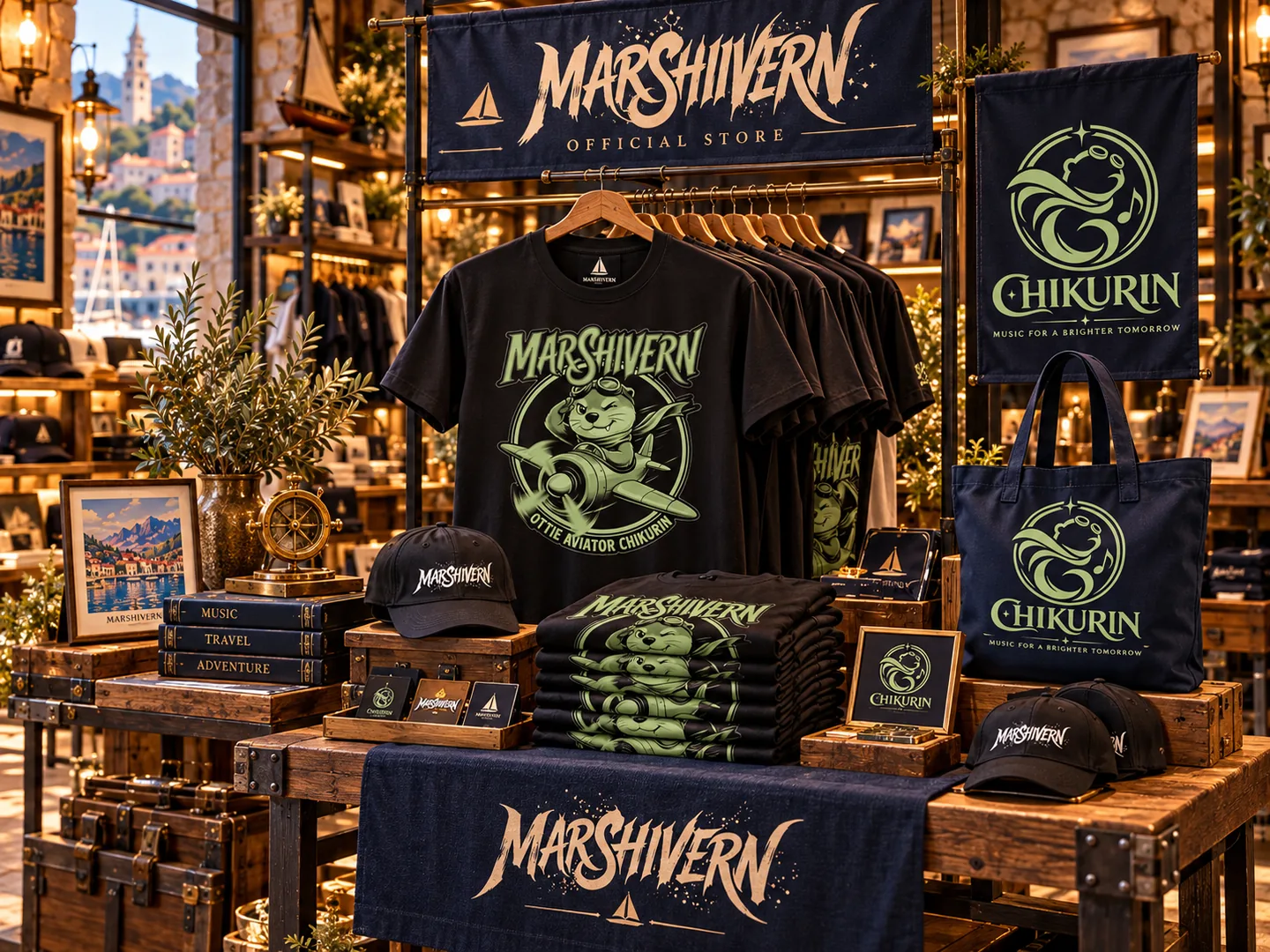 Tシャツとキャップを並べた店内の展示